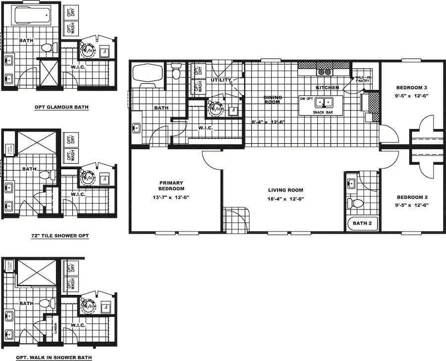 The SUNDANCE 48B Floor Plan. This Manufactured Mobile Home features 3 bedrooms and 2 baths.