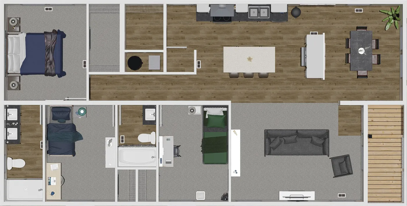 The JOHNNY B GOODE Floor Plan. This Modular Home features 3 bedrooms and 2 baths.