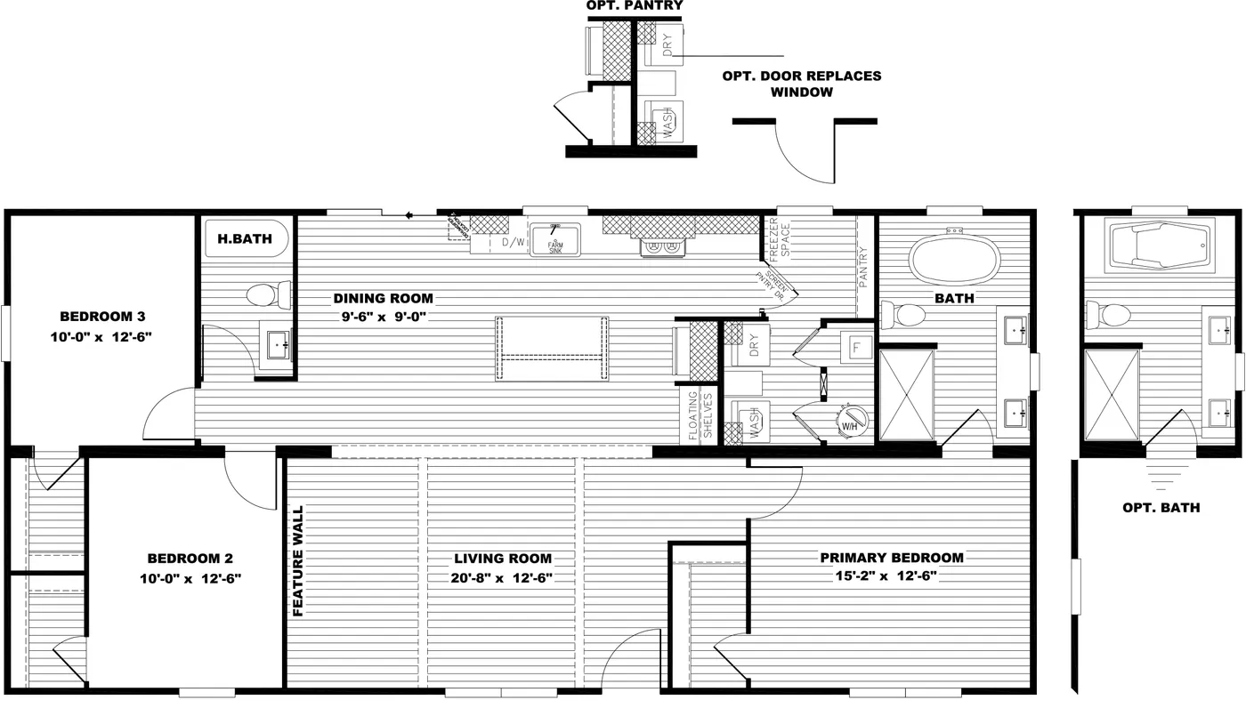 The LIZZIE Floor Plan. This Manufactured Mobile Home features 3 bedrooms and 2 baths.