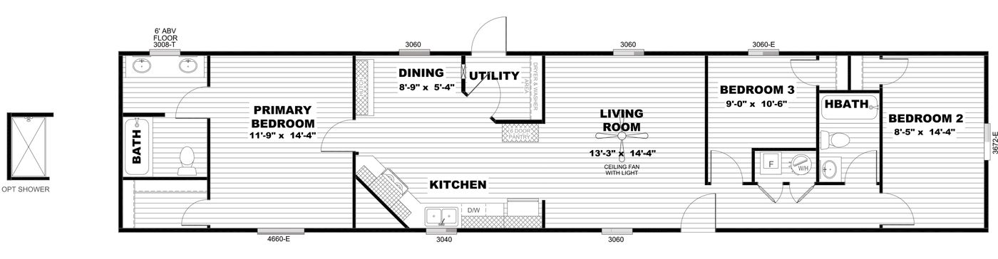 The SELECT 16723F Floor Plan. This Manufactured Mobile Home features 3 bedrooms and 2 baths.