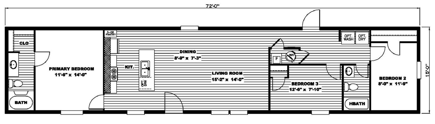 The COASTAL BREEZE I  16X72 Floor Plan. This Manufactured Mobile Home features 3 bedrooms and 2 baths.
