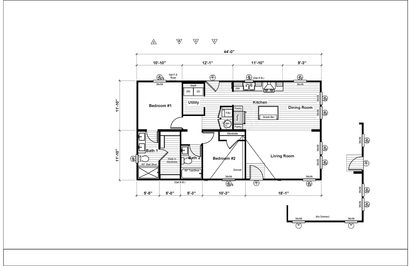 The RISING SUN Floor Plan. This Manufactured Mobile Home features 2 bedrooms and 2 baths.
