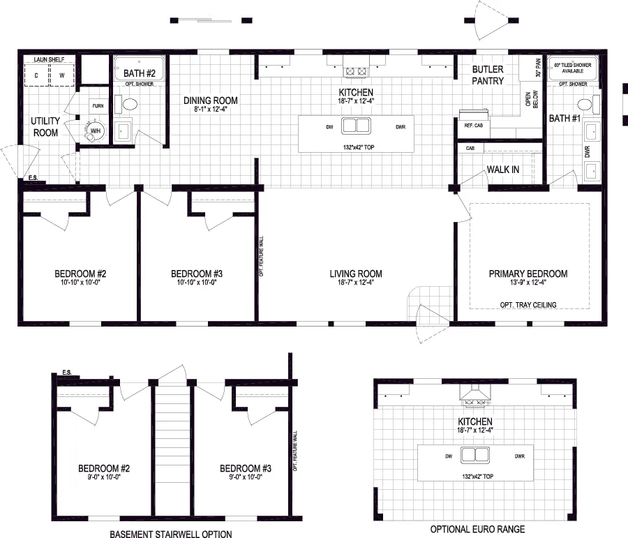 The BELVEDERE BLVD 5628-MS065 SECT Floor Plan. This Manufactured Mobile Home features 3 bedrooms and 2 baths.
