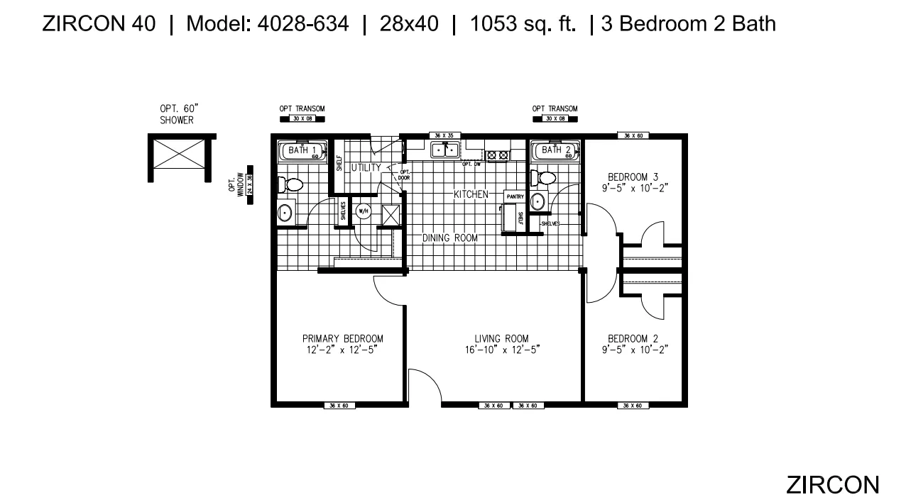 The ZIRCON Floor Plan. This Manufactured Mobile Home features 3 bedrooms and 2 baths.