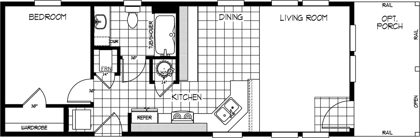 The K1640A Floor Plan. This Manufactured Mobile Home features 1 bedroom and 1 bath.