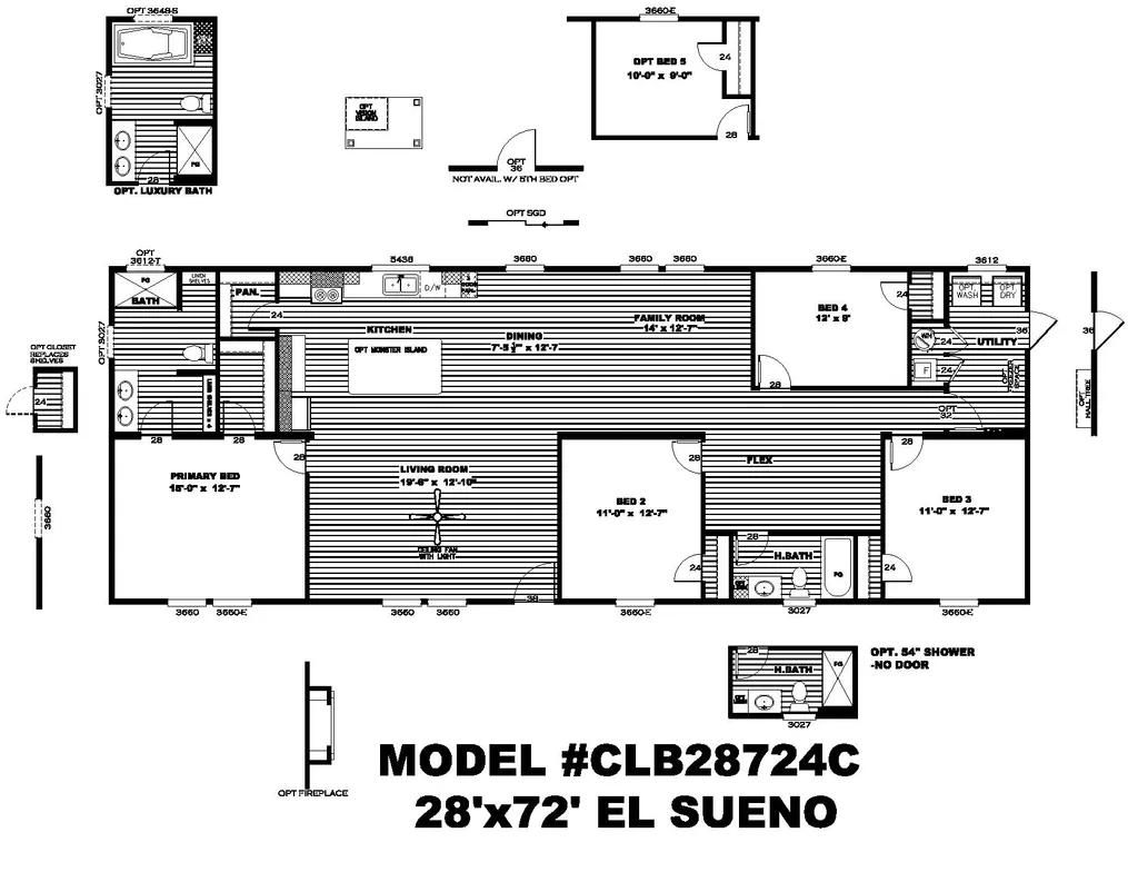 The EL SUENO BREEZE Floor Plan. This Manufactured Mobile Home features 4 bedrooms and 2 baths.