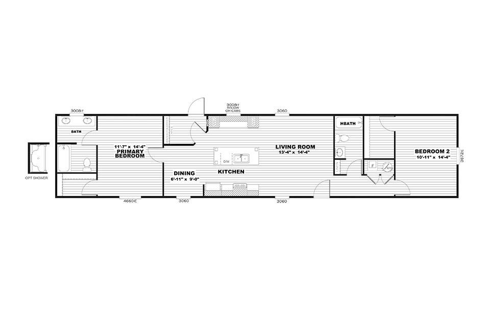 The SELECT 16722S Floor Plan. This Manufactured Mobile Home features 2 bedrooms and 2 baths.