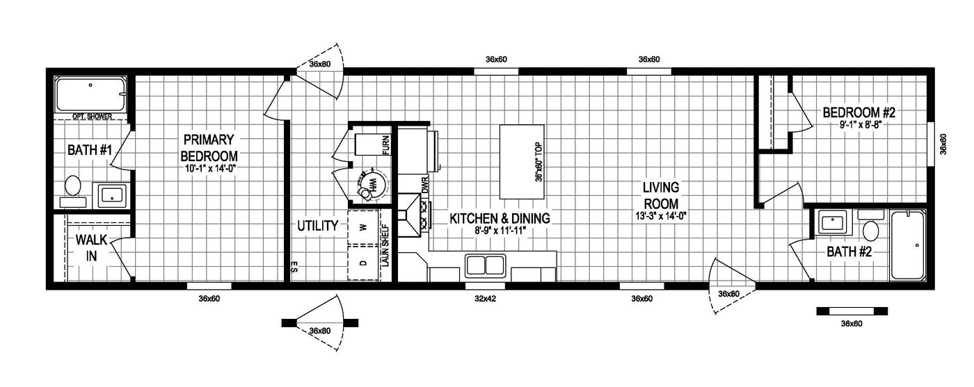 The 6016-SW019 SUNRISE SW Floor Plan. This Manufactured Mobile Home features 2 bedrooms and 2 baths.