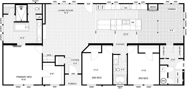 The THE ANDERSON II Floor Plan. This Manufactured Mobile Home features 3 bedrooms and 2 baths.