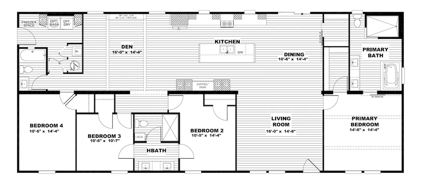 The BOUJEE LUX Floor Plan. This Manufactured Mobile Home features 4 bedrooms and 3 baths.