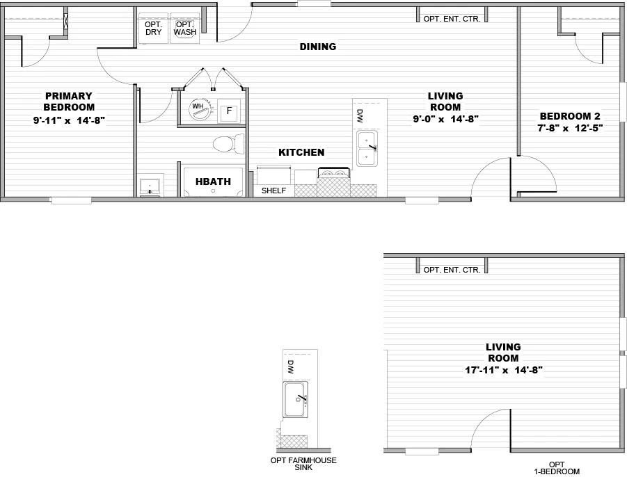 The GLACIER RIDGE Floor Plan. This Manufactured Mobile Home features 2 bedrooms and 1 bath.