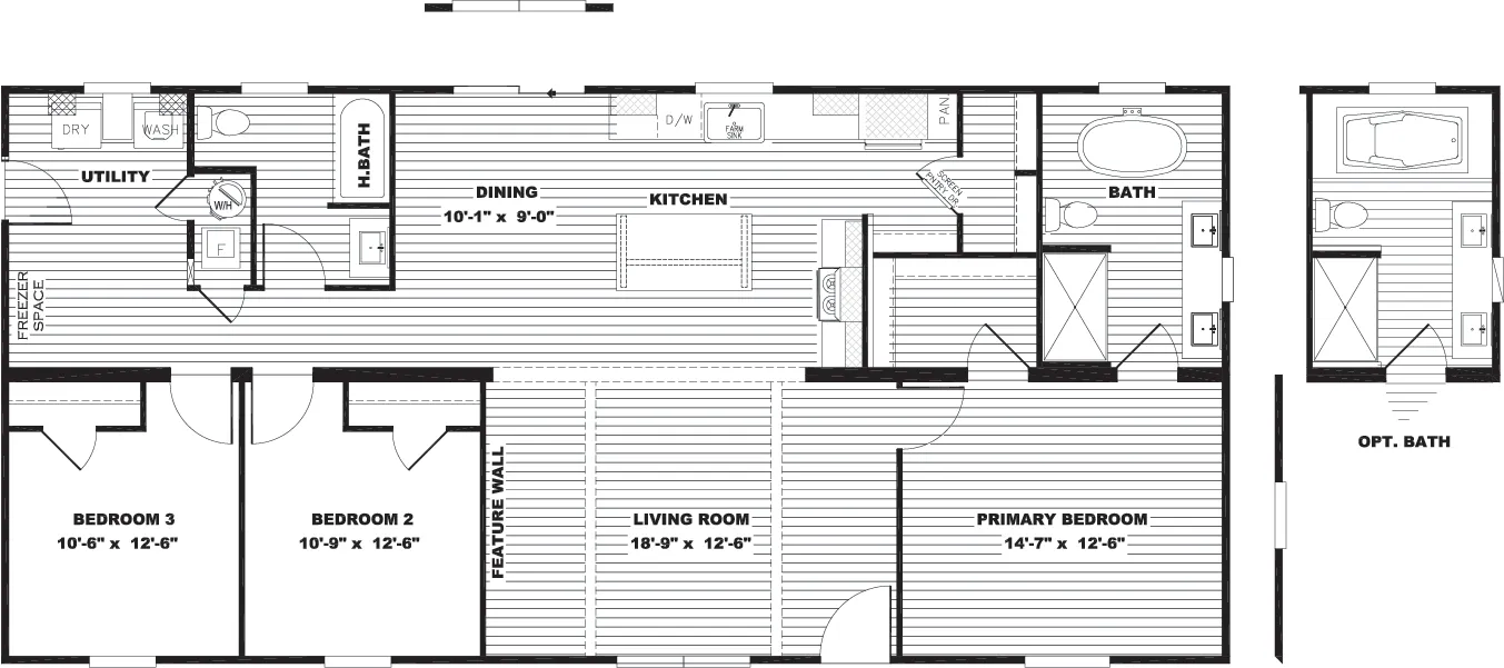 The EMILIE Floor Plan. This Manufactured Mobile Home features 3 bedrooms and 2 baths.
