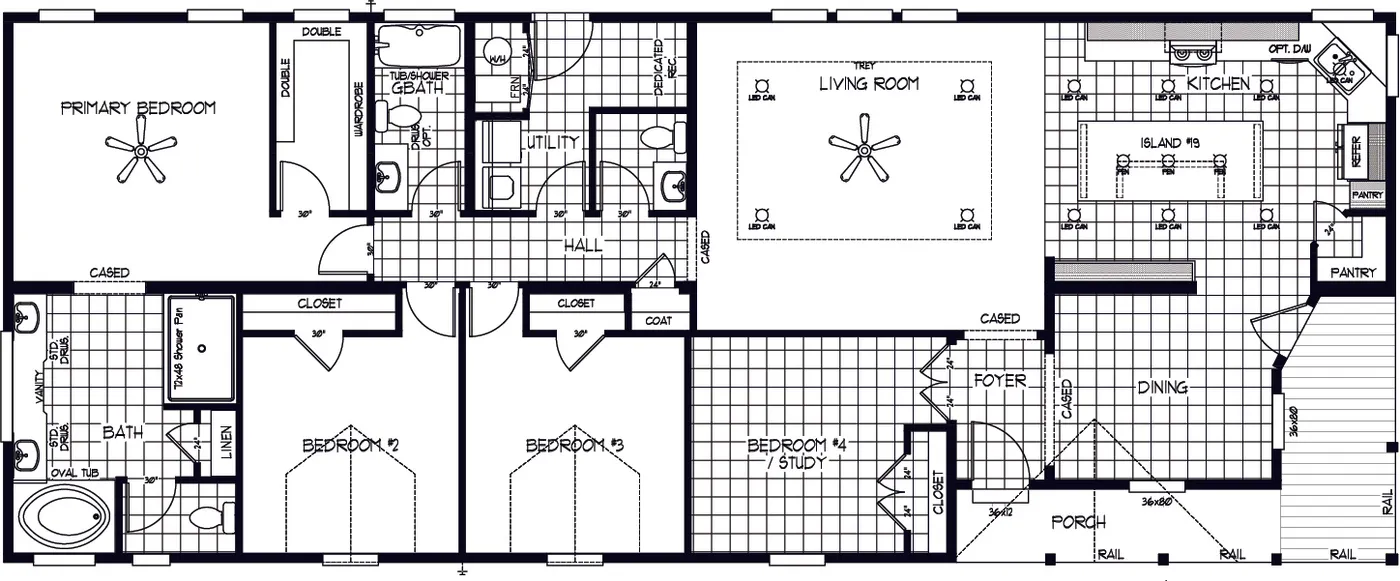 The SUM3076A Floor Plan. This Manufactured Mobile Home features 4 bedrooms and 2.5 baths.