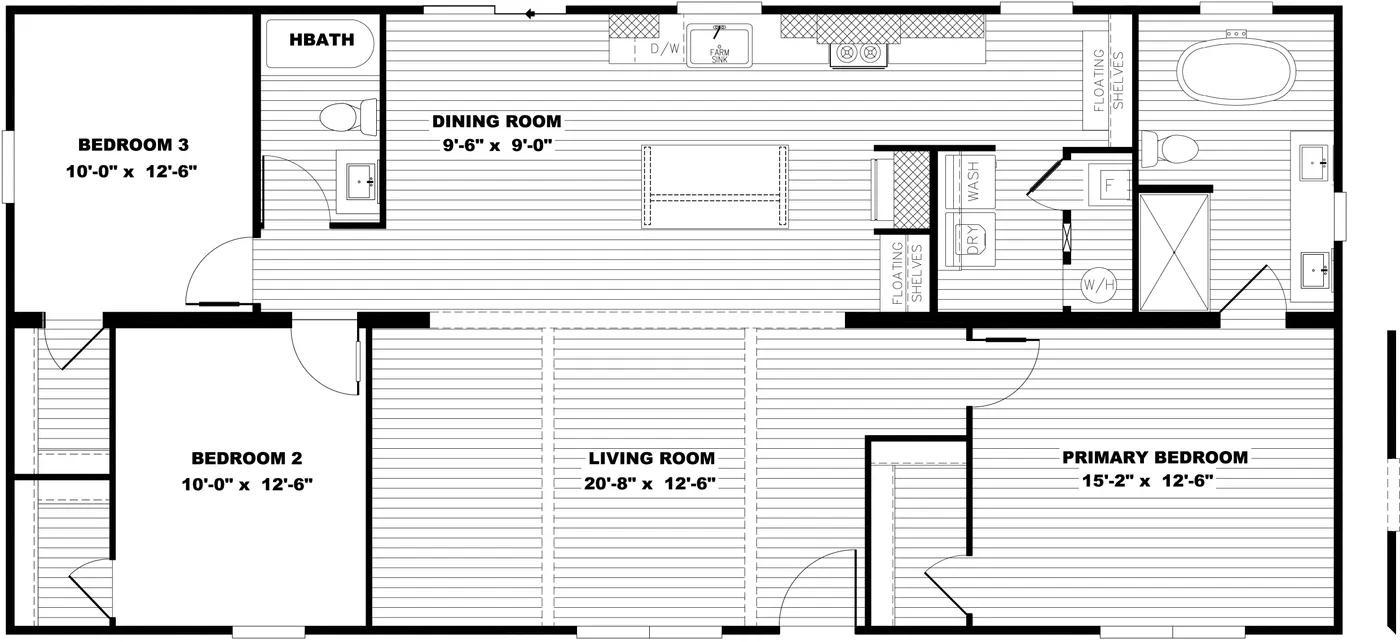The LIZZIE Floor Plan. This Manufactured Mobile Home features 3 bedrooms and 2 baths.