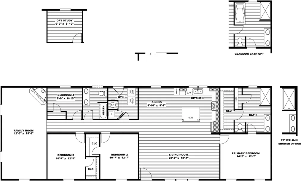 The ULTRA BREEZE EXCEL  28X76 Floor Plan. This Manufactured Mobile Home features 4 bedrooms and 2 baths.