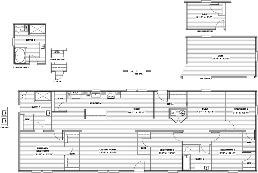 The THE AMBITION Floor Plan. This Manufactured Mobile Home features 4 bedrooms and 2 baths.