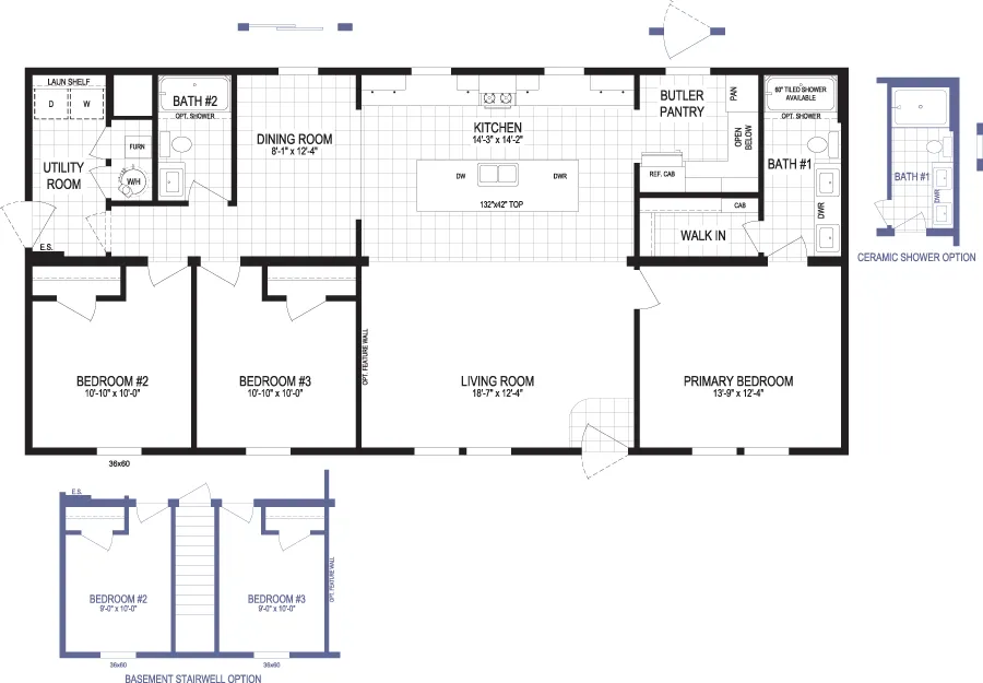 The BELVEDERE BLVD 5628-MS065 SECT Floor Plan. This Manufactured Mobile Home features 3 bedrooms and 2 baths.