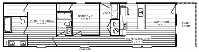 The 5400 "WILDWOOD" 58'4X16 Floor Plan. This Manufactured Mobile Home features 2 bedrooms and 2 baths.