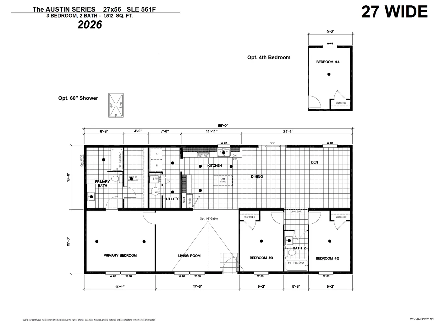 The SLE 561F Floor Plan. This Manufactured Mobile Home features 3 bedrooms and 2 baths.
