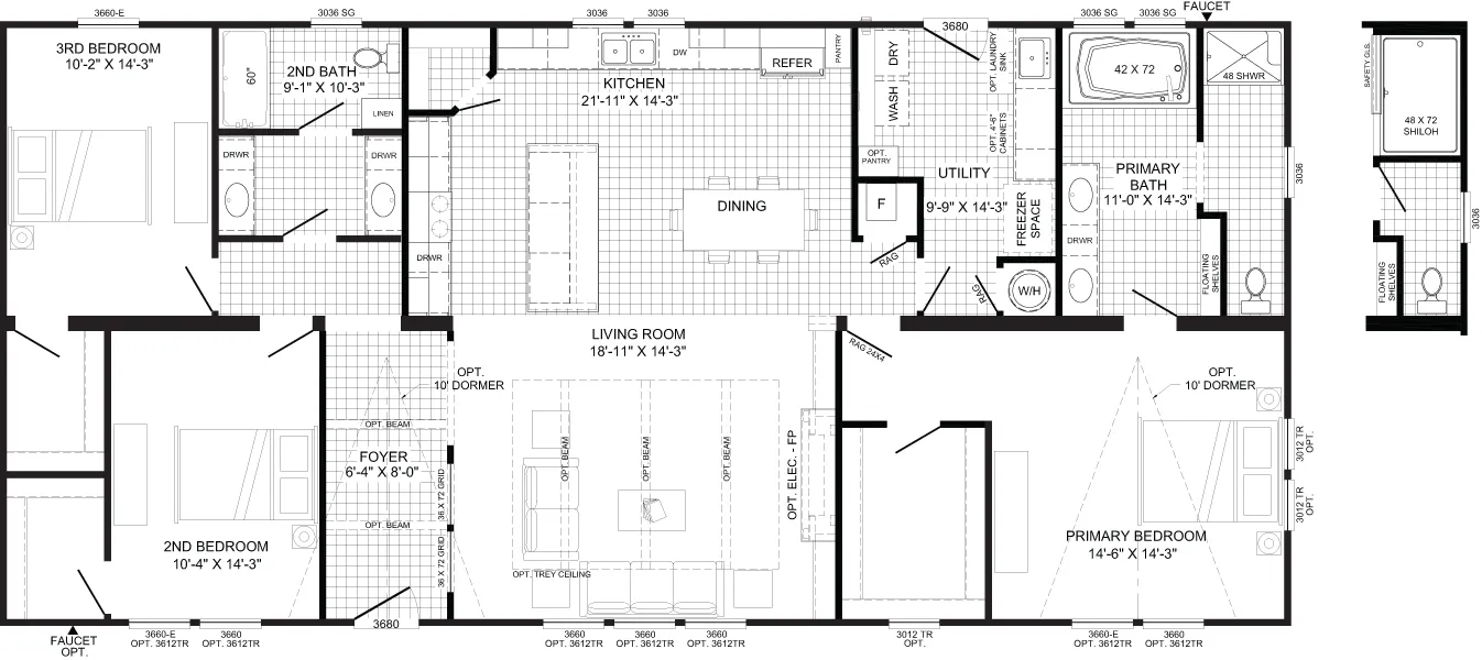 The THE REED Floor Plan. This Manufactured Mobile Home features 3 bedrooms and 2 baths.