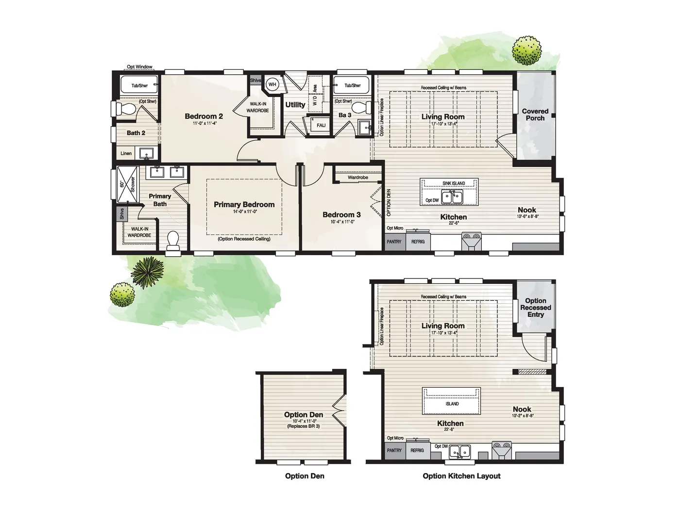 The CORONADO 2458F Floor Plan. This Manufactured Mobile Home features 3 bedrooms and 3 baths.