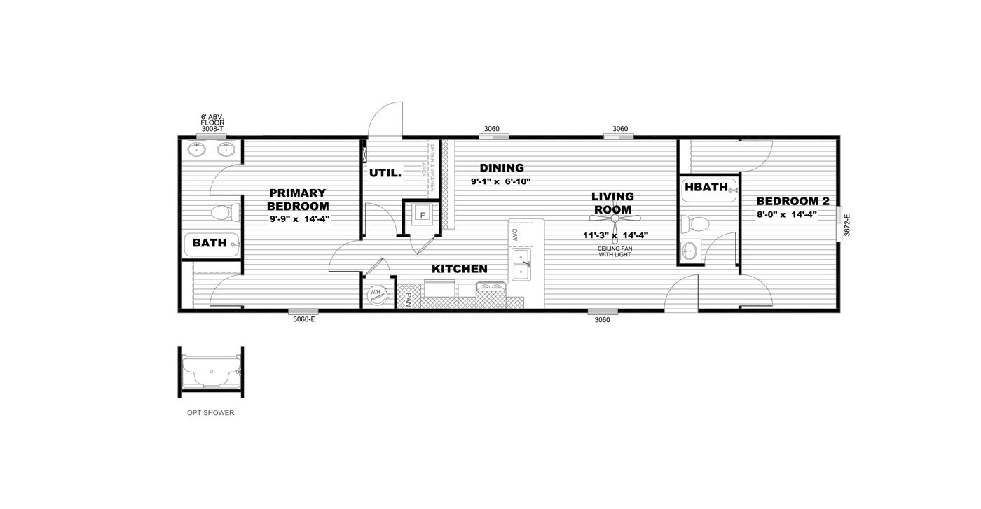 The SELECT 16562A Floor Plan. This Manufactured Mobile Home features 2 bedrooms and 2 baths.