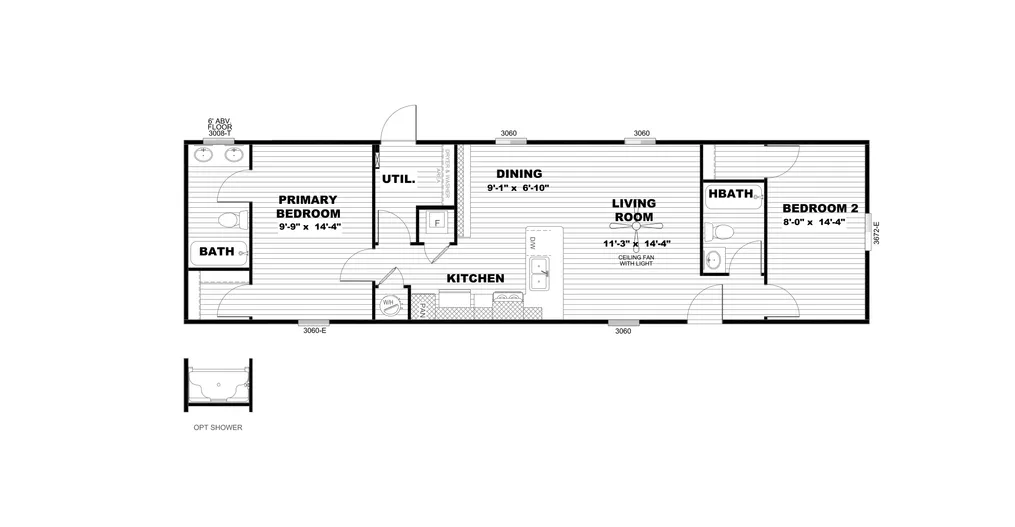 The SELECT 16562A Floor Plan. This Manufactured Mobile Home features 2 bedrooms and 2 baths.