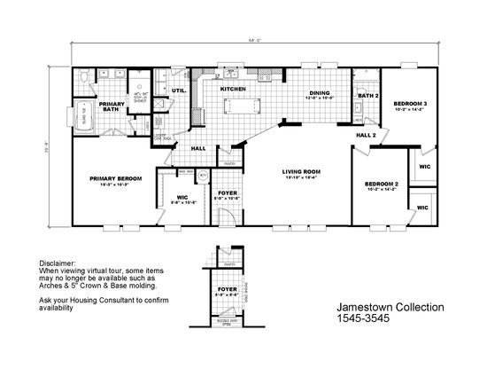 The 1545 JAMESTOWN Floor Plan. This Manufactured Home features 3 bedrooms and 2 baths.