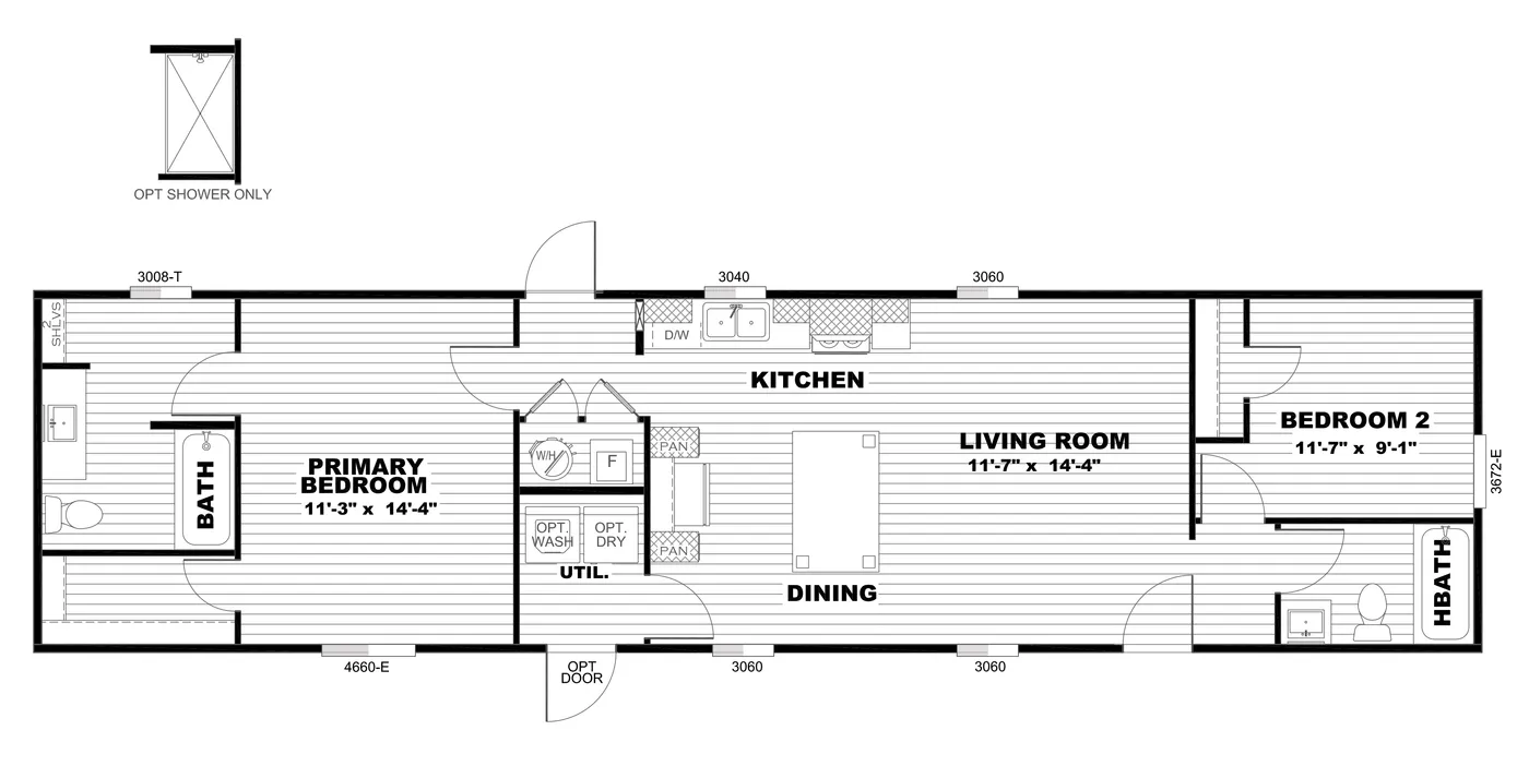 The HOMESTEAD 16602A Floor Plan. This Manufactured Mobile Home features 2 bedrooms and 2 baths.