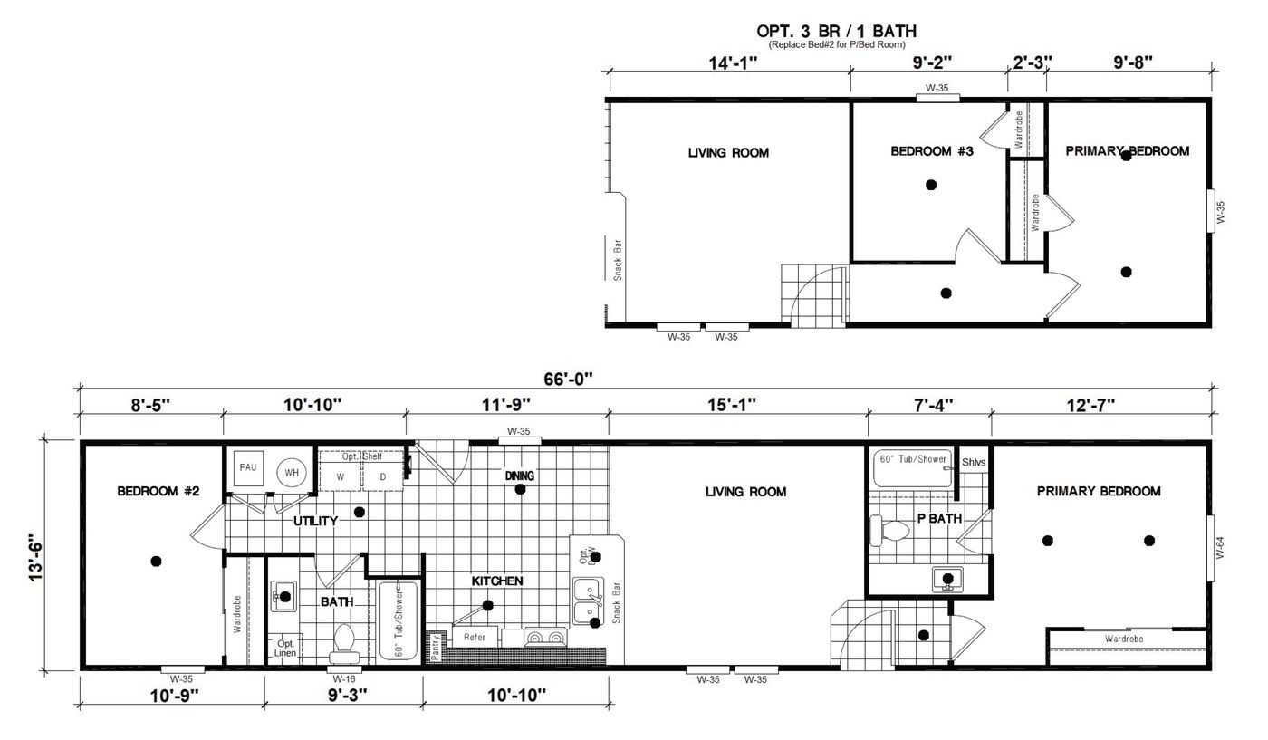 The DRM661M 66' DREAM Floor Plan. This Manufactured Mobile Home features 2 bedrooms and 2 baths.