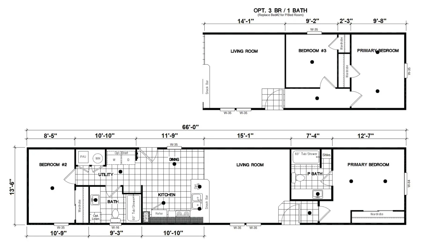 The DRM661M 66'              DREAM Floor Plan. This Manufactured Mobile Home features 2 bedrooms and 2 baths.