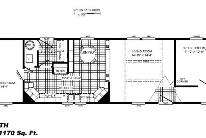 The THE BEXAR Floor Plan. This Manufactured Mobile Home features 3 bedrooms and 2 baths.