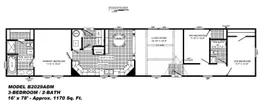 The THE BEXAR Floor Plan. This Manufactured Mobile Home features 3 bedrooms and 2 baths.