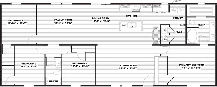 The MOROCCO Floor Plan. This Manufactured Mobile Home features 4 bedrooms and 2 baths.