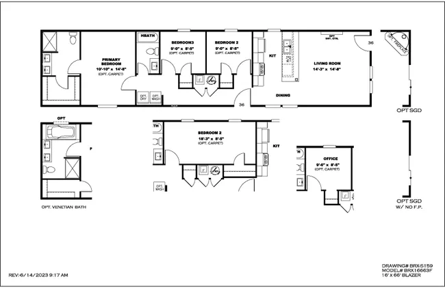 The BLAZER 66 F Floor Plan. This Manufactured Mobile Home features 3 bedrooms and 2 baths.