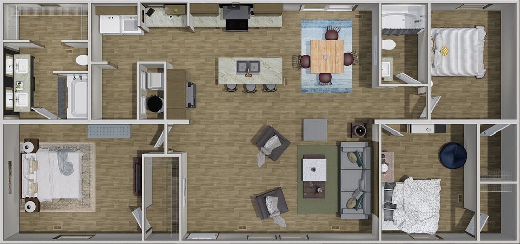 The RIO 5628-2302 Floor Plan. This Manufactured Mobile Home features 3 bedrooms and 2 baths.