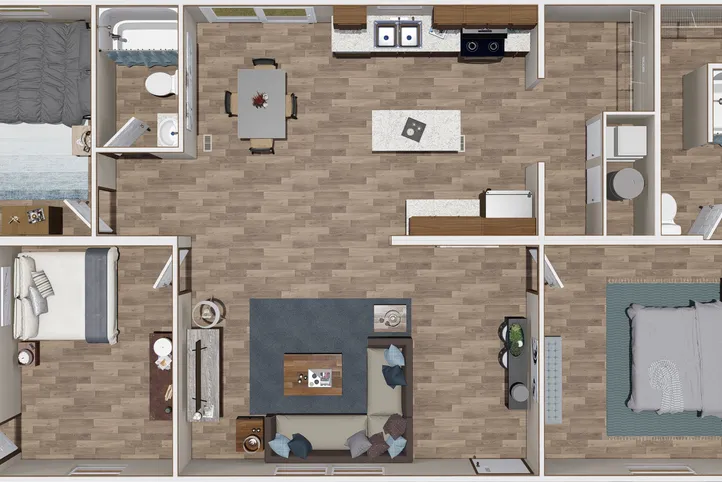 The SATISFACTION Floor Plan. This Manufactured Mobile Home features 3 bedrooms and 2 baths.