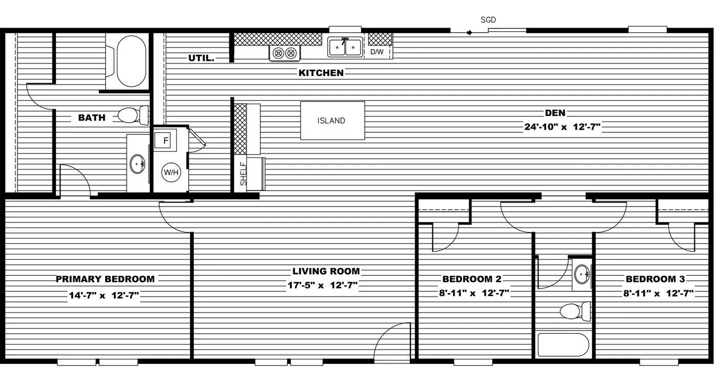 The MARVELOUS 3 Floor Plan. This Manufactured Mobile Home features 3 bedrooms and 2 baths.