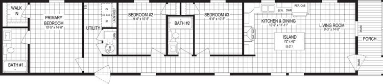 The 7616-SW018 SUNRISE SW Floor Plan. This Manufactured Mobile Home features 3 bedrooms and 2 baths.