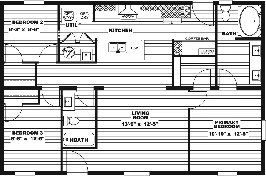 The DRAKE Floor Plan. This Manufactured Mobile Home features 3 bedrooms and 2 baths.