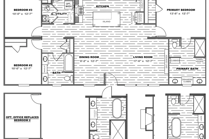The ISLAND BREEZE Floor Plan. This Manufactured Mobile Home features 3 bedrooms and 2 baths.