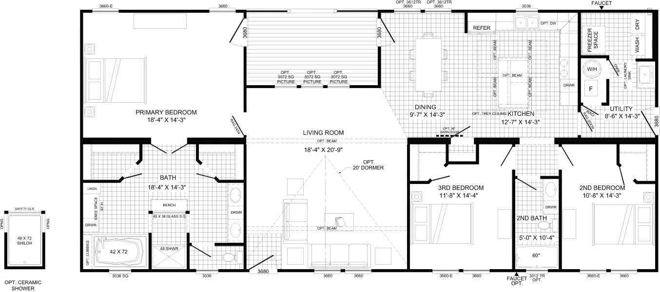The THE TURNER Floor Plan. This Manufactured Mobile Home features 3 bedrooms and 2 baths.