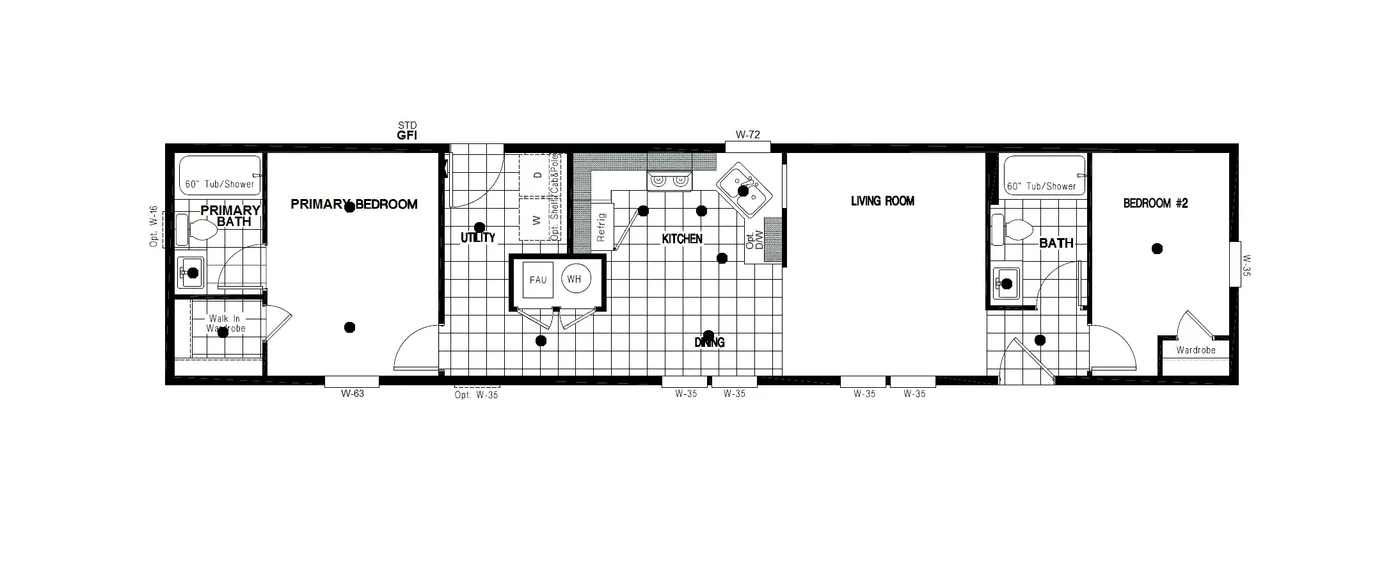 The DRM601M 60'              DREAM Floor Plan. This Manufactured Mobile Home features 1 bedroom and 2 baths.