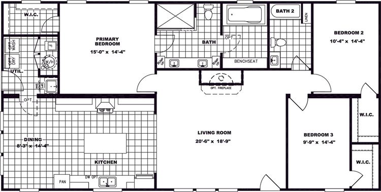 The REMINGTON Floor Plan. This Manufactured Mobile Home features 3 bedrooms and 2 baths.