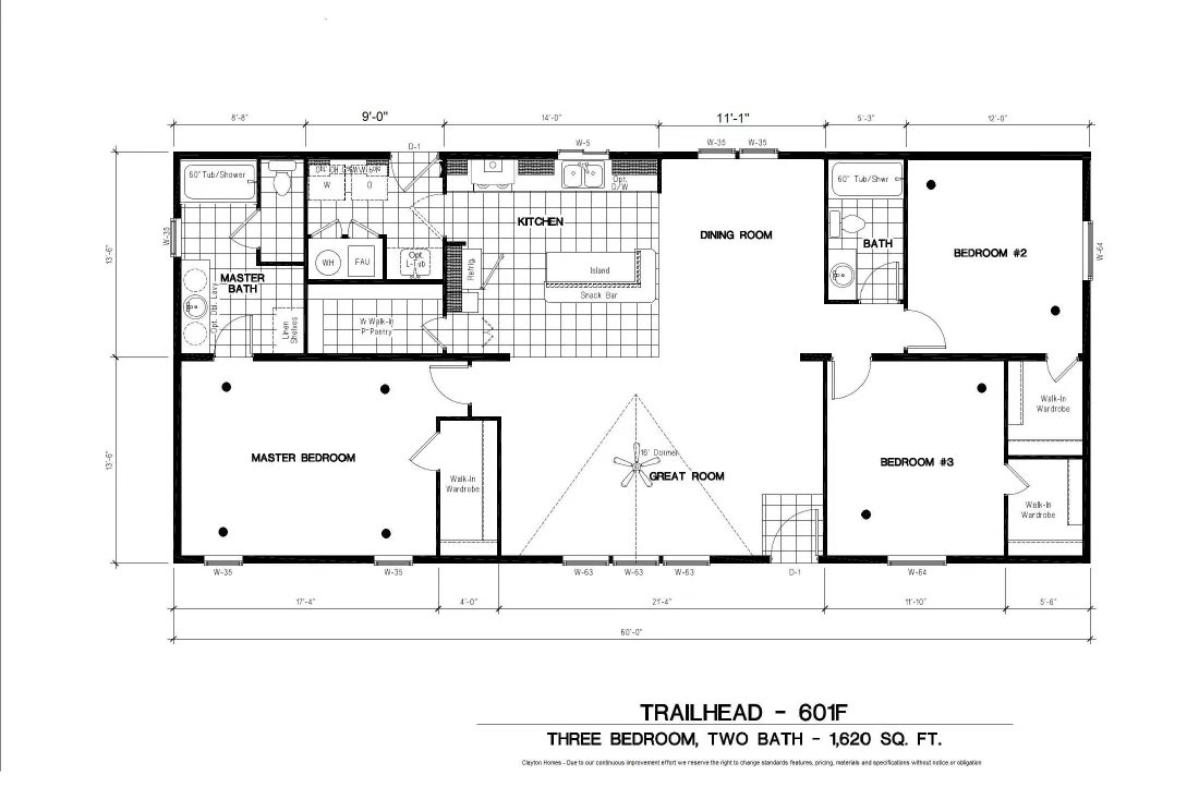 The TH601F                 CLAYTON Floor Plan. This Manufactured Mobile Home features 3 bedrooms and 2 baths.