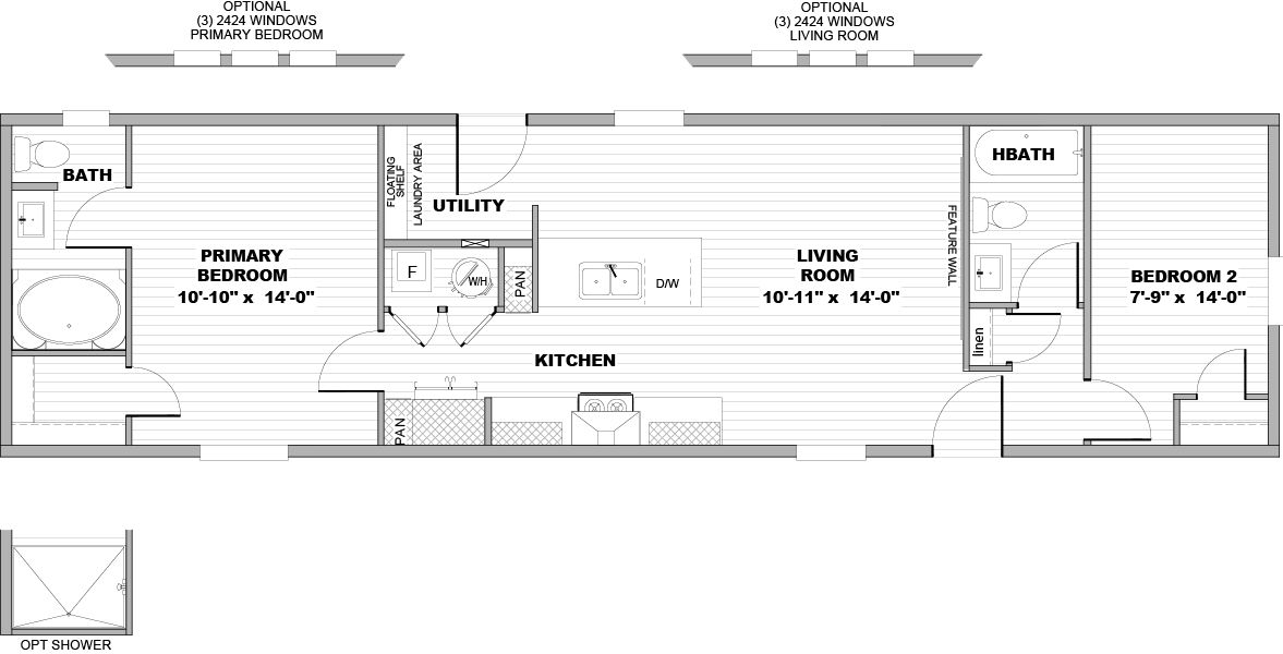 The LEWIS Floor Plan. This Manufactured Mobile Home features 2 bedrooms and 2 baths.