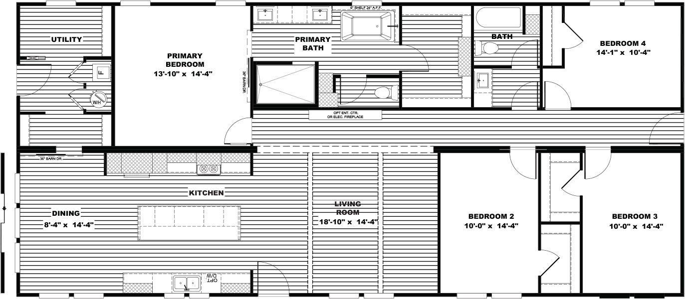 The BOUJEE PREMIER Floor Plan. This Manufactured Mobile Home features 4 bedrooms and 2 baths.