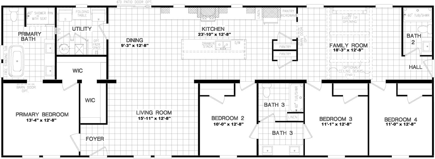 The 3237 THE TYBEE HUD Floor Plan. This Manufactured Mobile Home features 4 bedrooms and 3 baths.