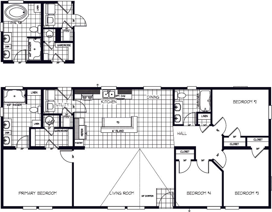 The K2760B Floor Plan. This Manufactured Mobile Home features 4 bedrooms and 2 baths.