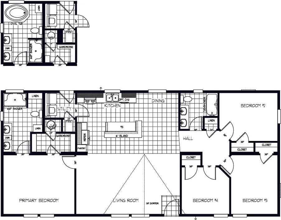The K2760B Floor Plan. This Manufactured Mobile Home features 4 bedrooms and 2 baths.